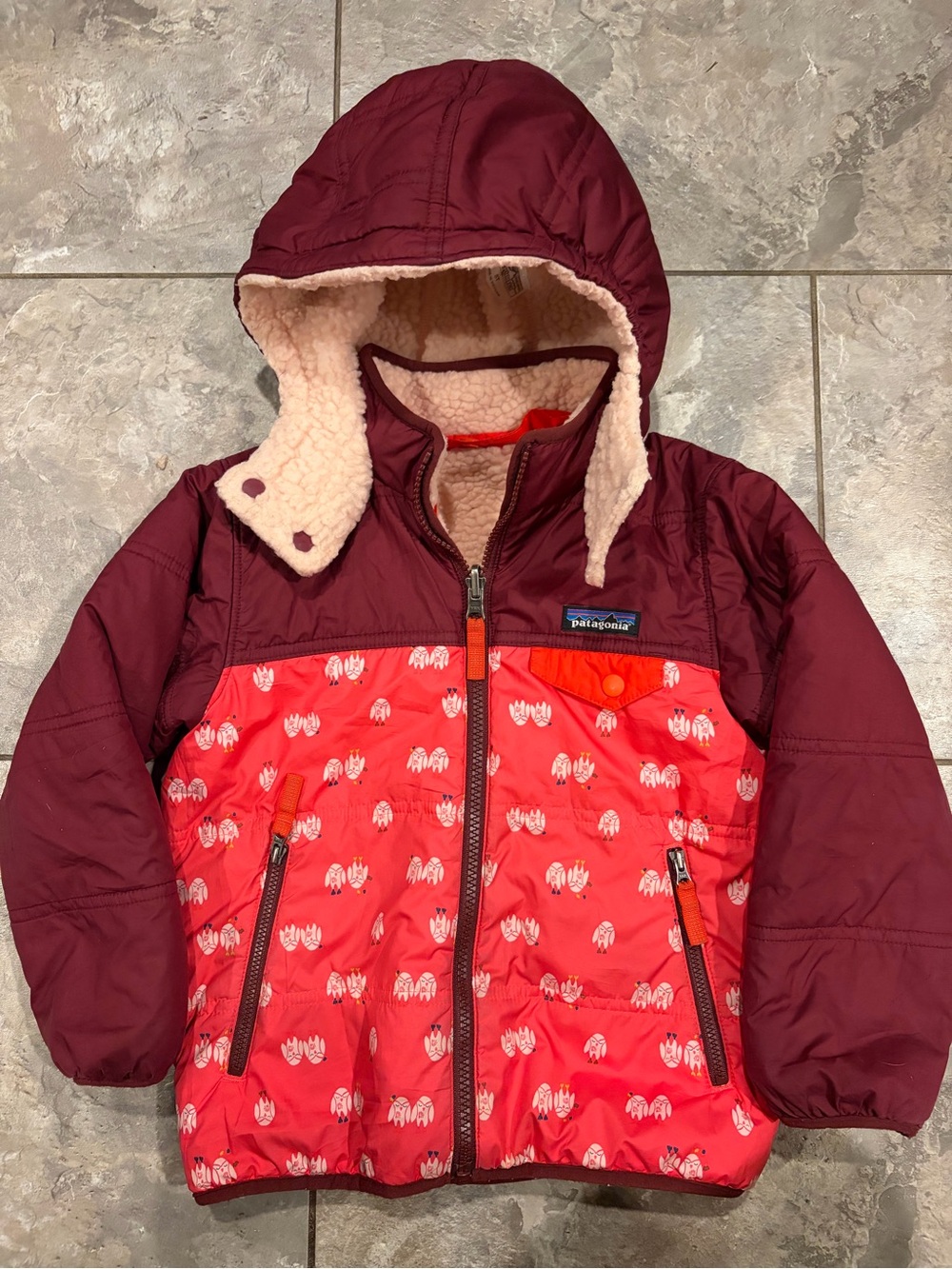 Patagonia Kids Hooded Puffer Jacket - Maroon & Red Owls